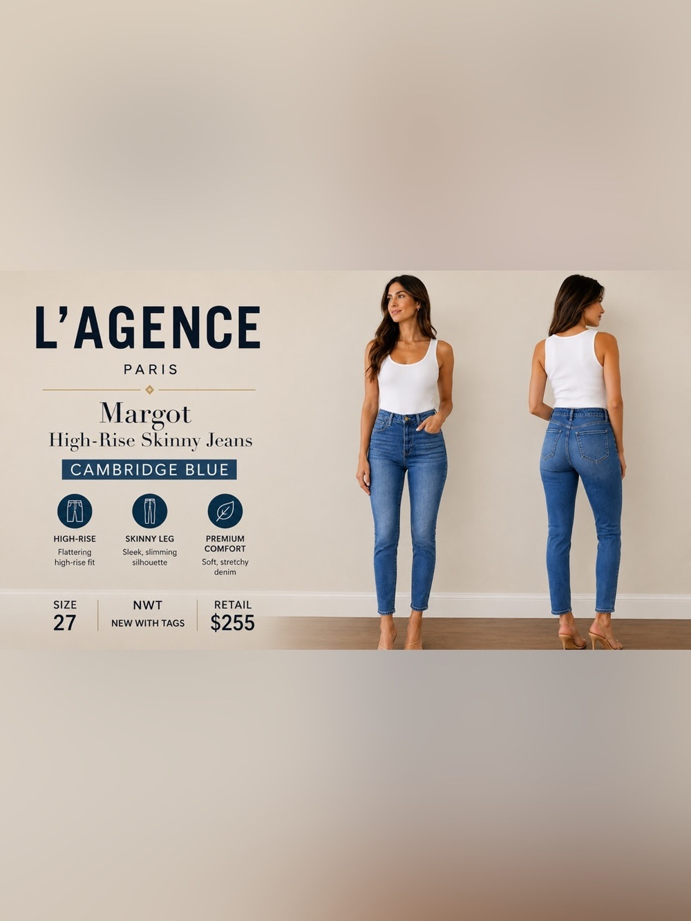 L'Agence Margot High Rise Skinny Ankle
Denim Cambridge Blue Jeans Size 27 NWT